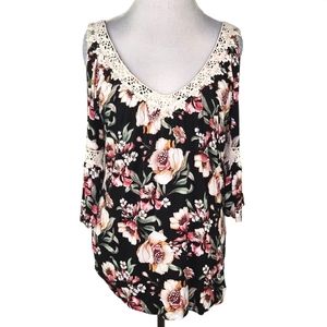 Always Indigo Black Floral Lace Trimmed Cold Shoulder Bell Sleeve Blouse Medium